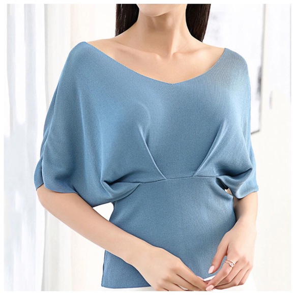 Teal Blue V Knit Draping Sweater C50 - Picture 2 of 6